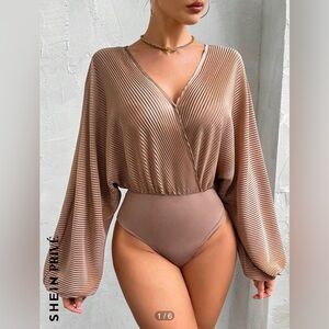 SHEIN Privé Women's Elegant Pleated V-Neck Long Sleeve Bodysuit, Size L